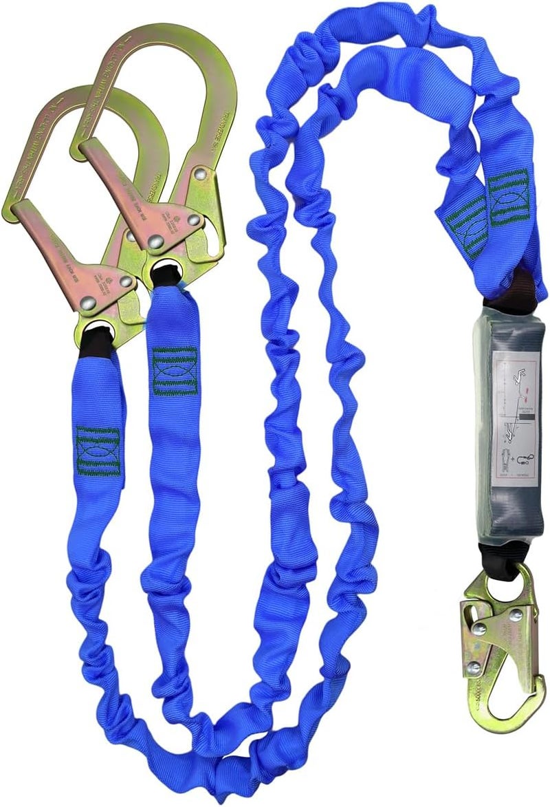 Ymachray 6FT Double Leg Internal Shock Absorbing Safety Fall Protection Lanyard with Dual Rebar & Snap Hook |Heavy-Duty Webbing | Roofer, | OSHA & ANSI Rated (AZ369-B-Shock Absorbing-Blue) - Image 1